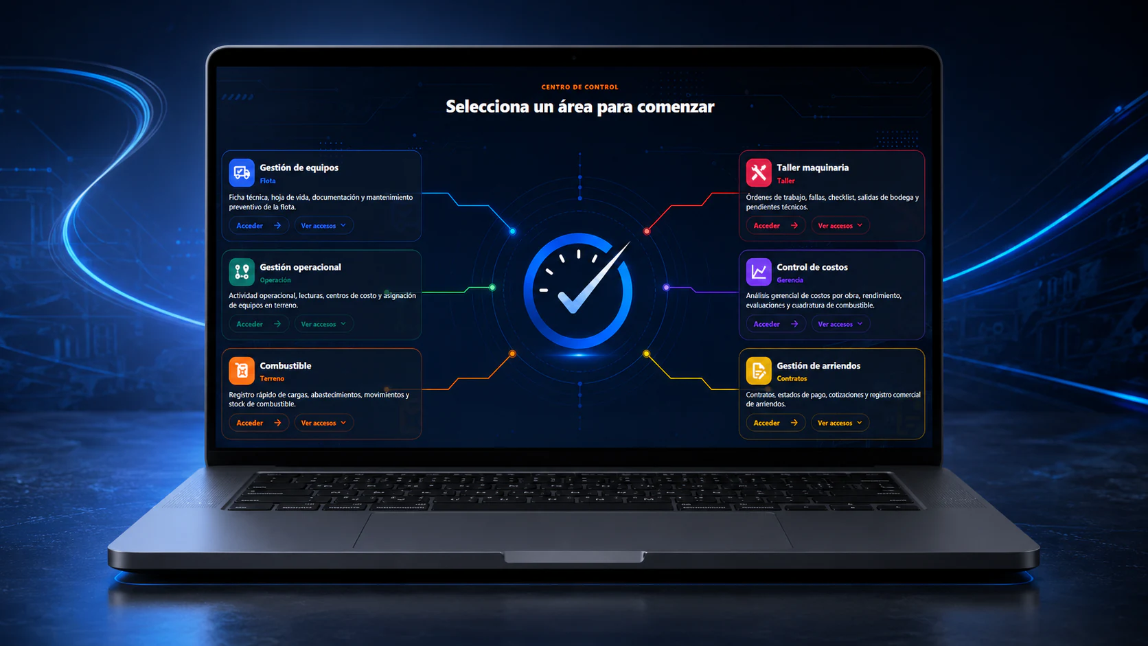 Vista de inicio de MaqControl en un computador con accesos a equipos, operación, combustible, taller, costos y arriendos